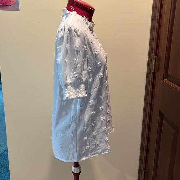 B Top blouse/ High Neck/ Short Sleeves Chenille dots white Size M - Picture 5 of 11